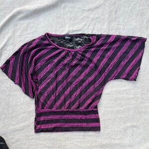 ❤Izod Black and Fuchsia Diagonal Stripe Lace Back Short Batwing Dolman Sleeve S